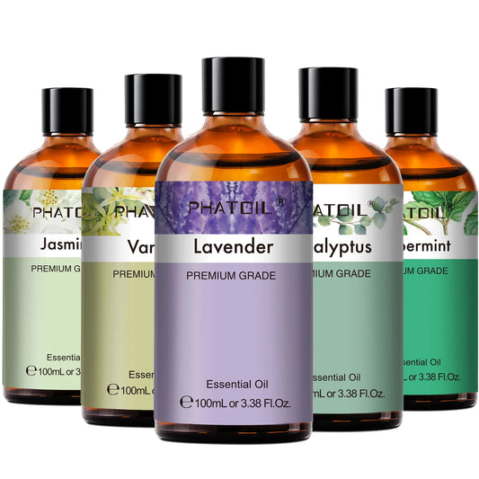 PHATOIL 100ml Essential Oil Collection – Eucalyptus, Lavender, Vanilla, Jasmine, Lemon & Bergamot