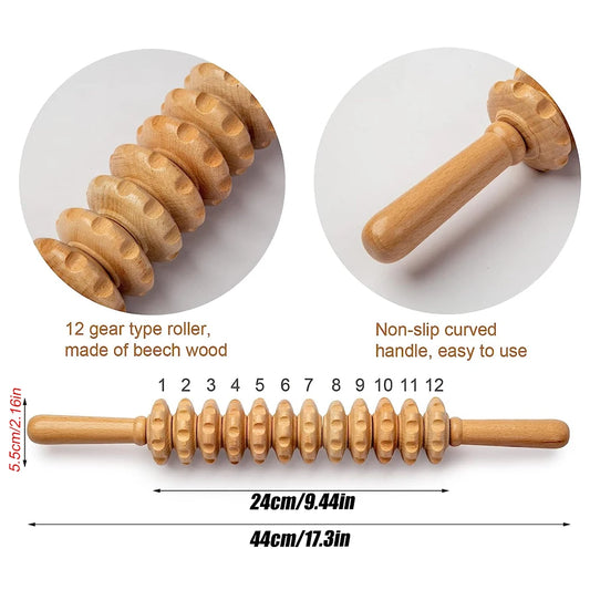 Wood Therapy Roller Massage Tool – 12 Straight-Wheel Lymphatic Drainage & Muscle Massage Stick