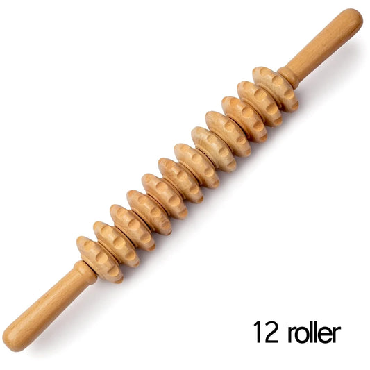 Wood Therapy Roller Massage Tool – 12 Straight-Wheel Lymphatic Drainage & Muscle Massage Stick