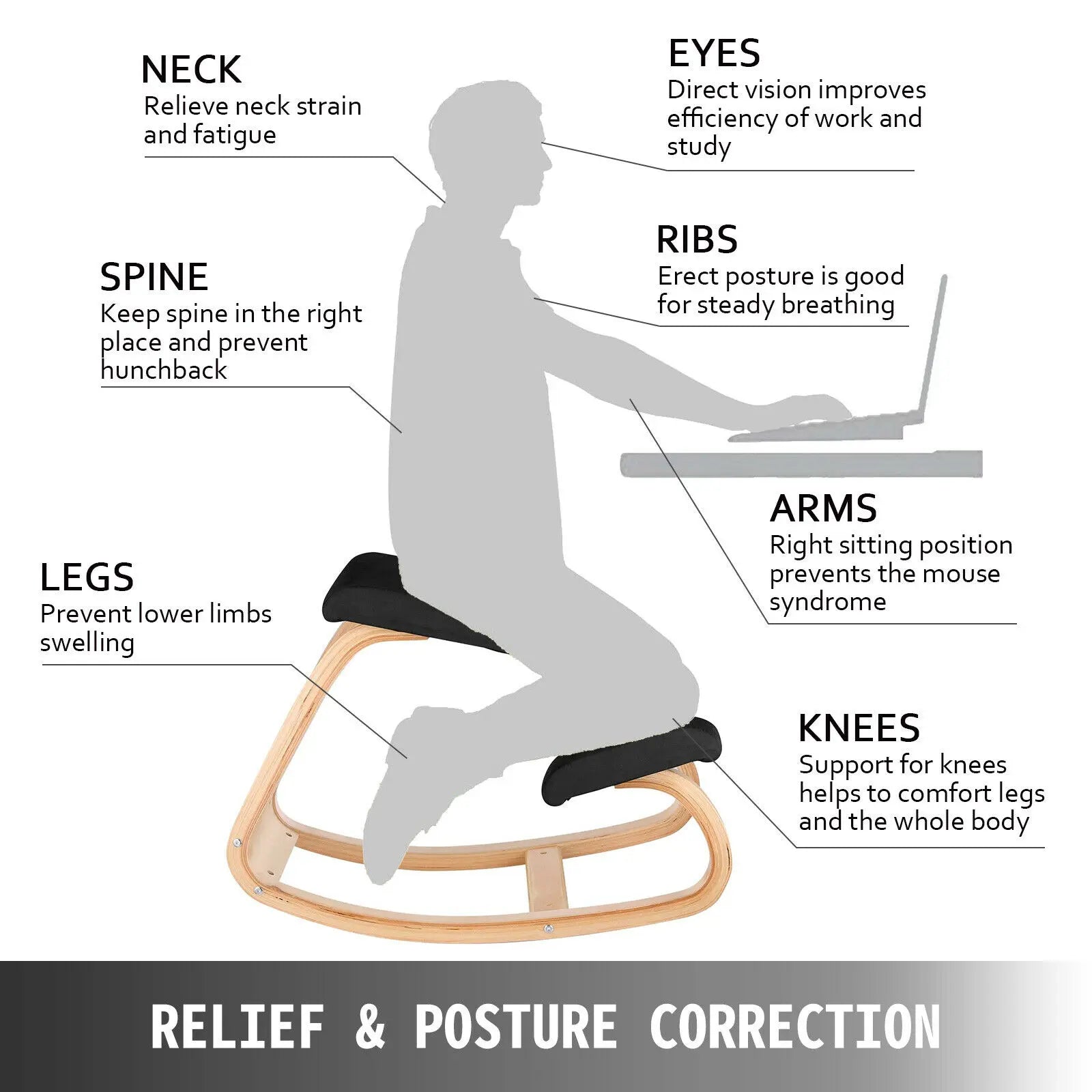 VEVOR Ergonomic Kneeling Chair – Thick Cushion Rocking Wood Stool - Image 3