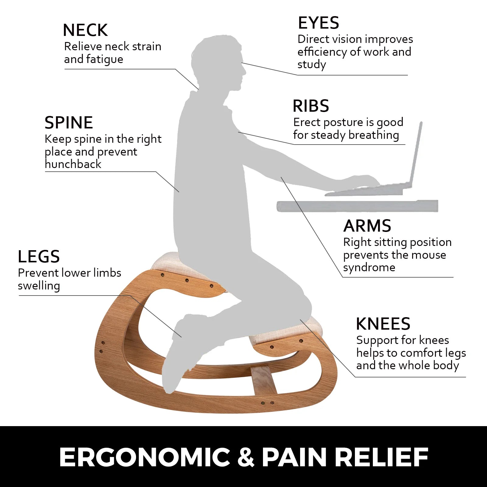 VEVOR Ergonomic Kneeling Chair – Rocking Wood Stool with Thick Cushion - Image 3