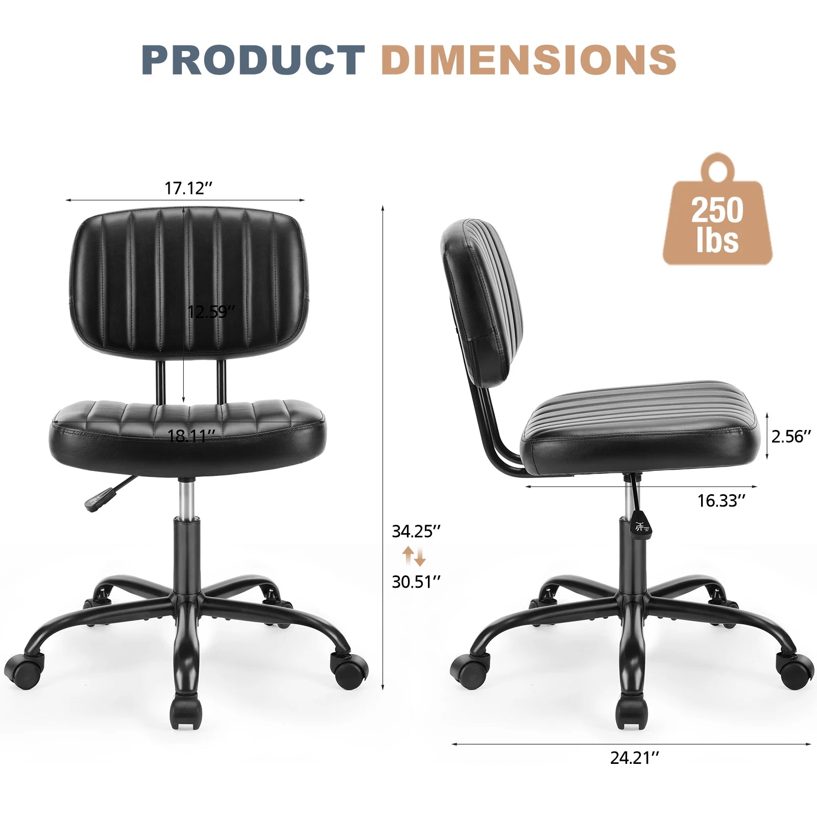 JHK Armless Office Desk Chair – PU Leather Computer Chair with Lumbar Support & 360° Swivel - Image 4