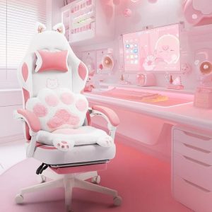 Cute Gaming Chair with Cat Ears – Ergonomic Recliner with Footrest & Paw Cushion