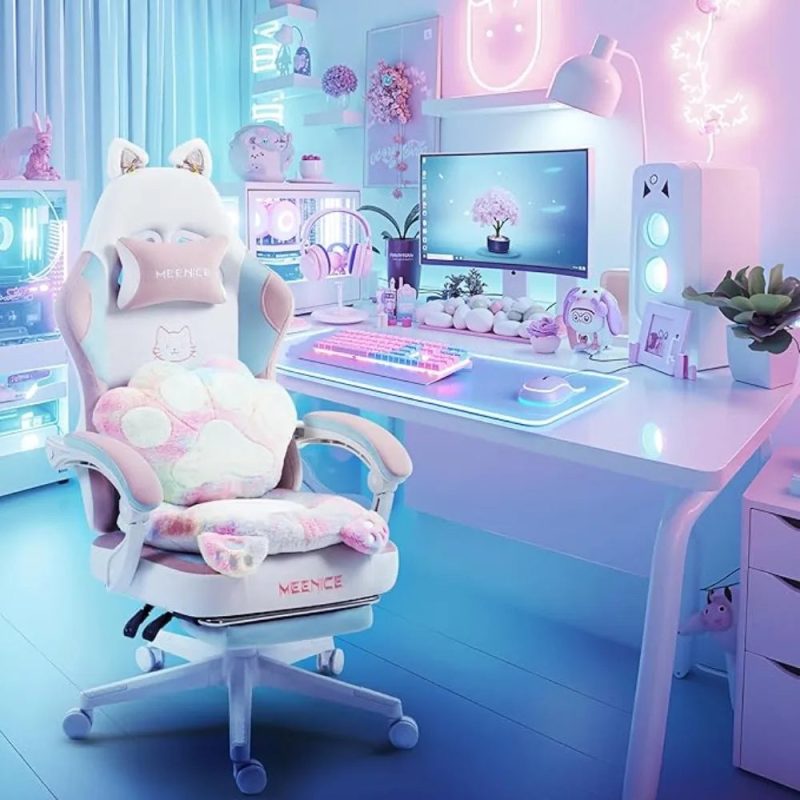 Cute Gaming Chair with Cat Ears – Ergonomic Recliner with Footrest & Paw Cushion - Image 7