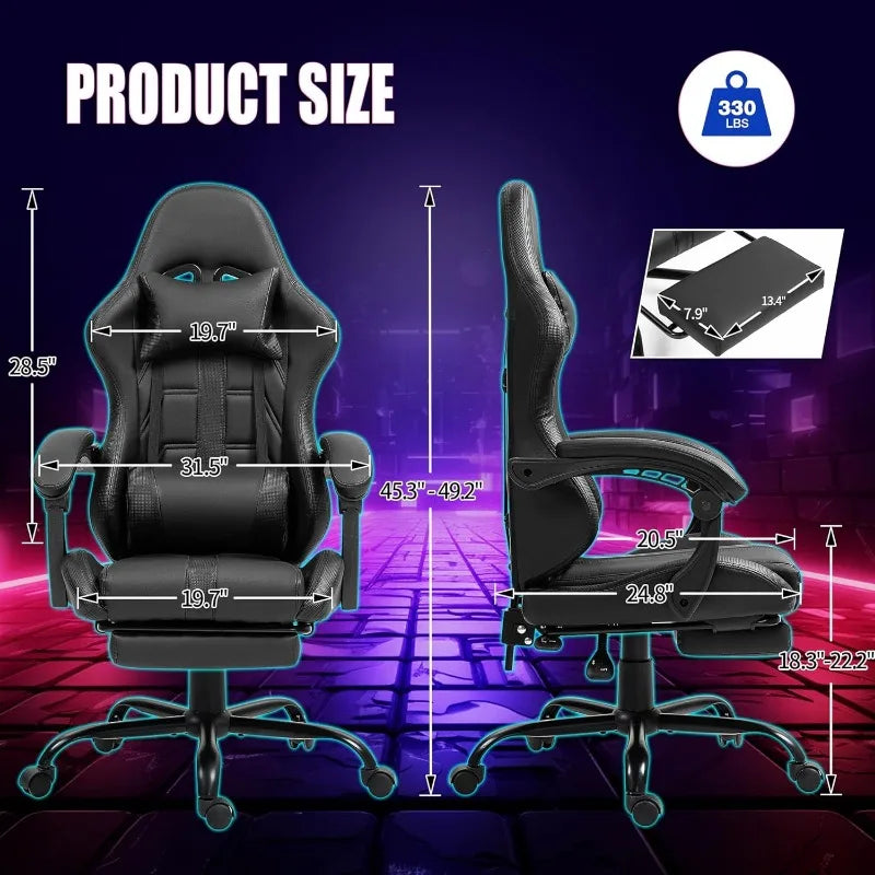 Massage Gaming Chair with Footrest – Ergonomic High-Back PC Chair with Headrest & Lumbar Support (Black) - Image 3